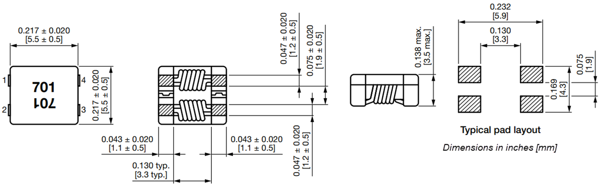Mechanical Drawing - Vishay / Dale ICM2020 High-Current Common Mode Chokes